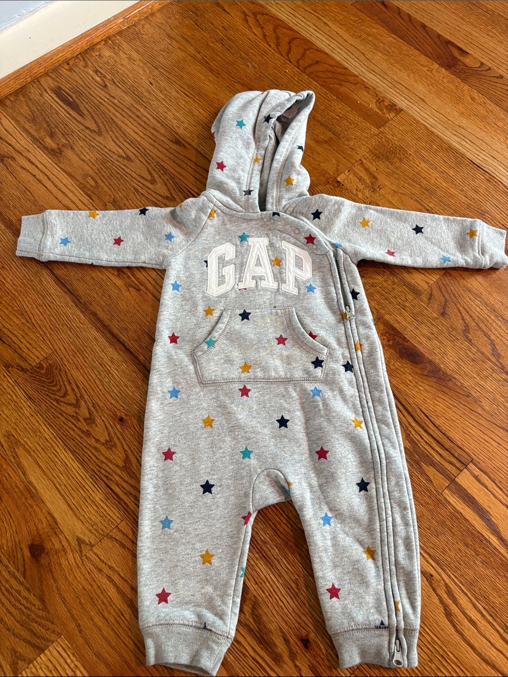 GAP Baby Girl Grey Hooded One-Piece with Multicolor Stars 6-12Mos